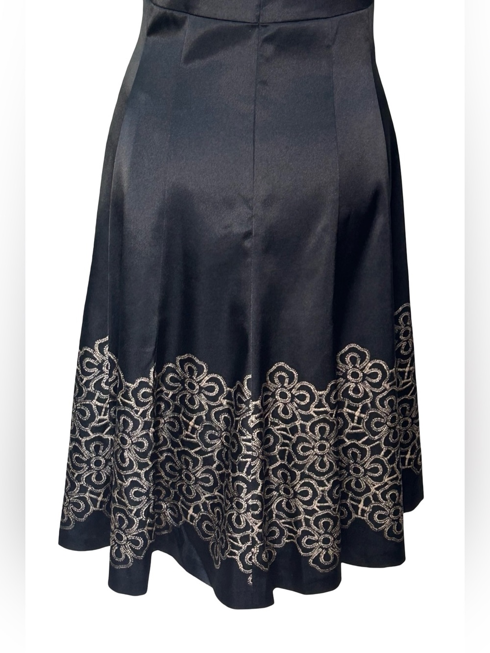 Nine West Black Satin Embroidered Midi Dress Fit Flare Cocktail Party 6 8 Event - Picture 7 of 11
